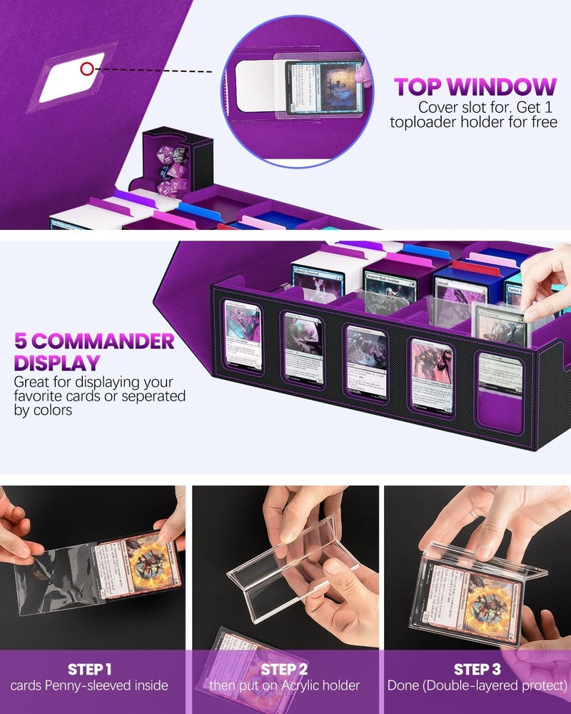 Gomyrod Trading Card Storage Box, 5 Row Card Deck Case with Commander Display & Portable Handle, 4200+ Card Deck Boxes Compatible for MTG TCG Magic Cards, 30 Divider, 8 Supporters, 1 Dice Tray(Black & Purple) - Image 3